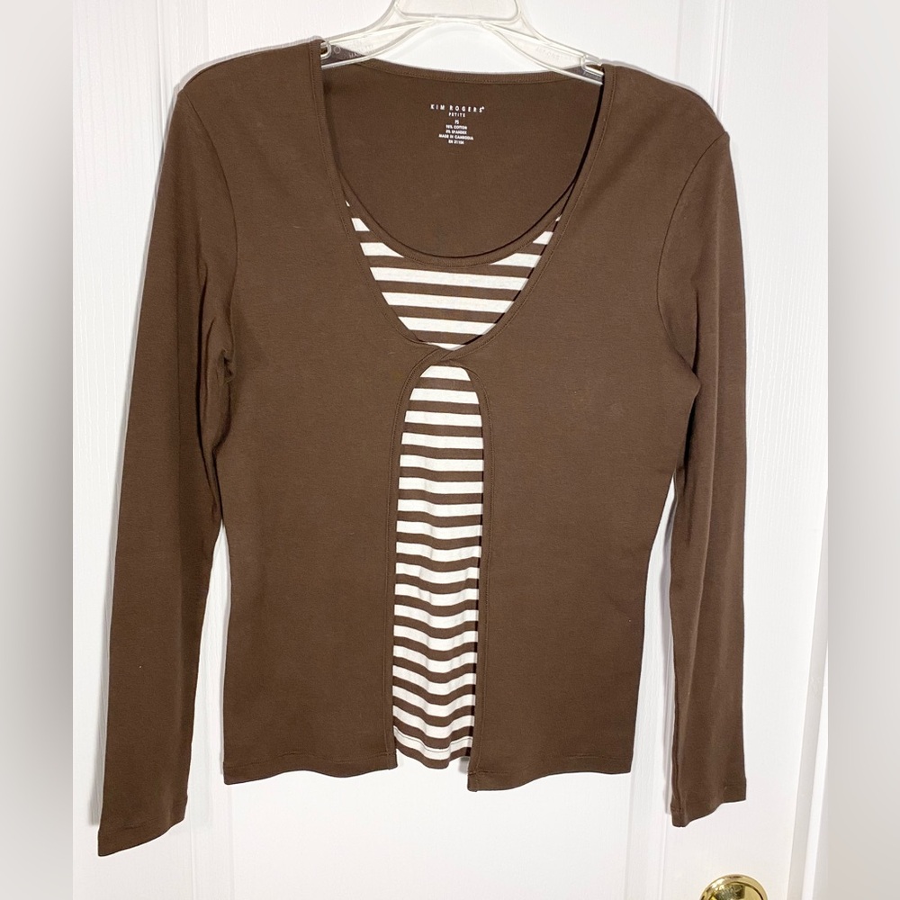 Y2K Kim Rogers Cardigan Style Striped Ribbed Knit Top Brown White Petite Smal